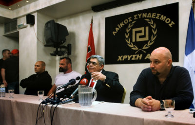 Leader of the far-right party Chryssi Avgi (Golden Dawn), Nikolaos Mihaloliakos speaks during a press conference at a hotel, after the first results of the Greek general elections, in Athens on May 6, 2012. The Greek Neo-Nazi Golden Dawn Party will enter parliament for the first time in nearly 40 years, exit polls showed on Sunday as ballots closed in an early election that could derail the country’s reforms.