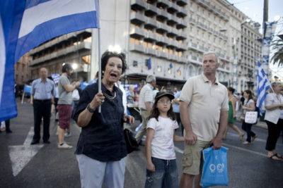 People in Antonis Samaras, leader of Nea Dimocratia last election rally, in Syntagma square, on Friday 15th of June 2012, The 62-year-old’s New Democracy party achieved the highest percentage of votes in Sundays election, beating the radical left Syriza party into second place.