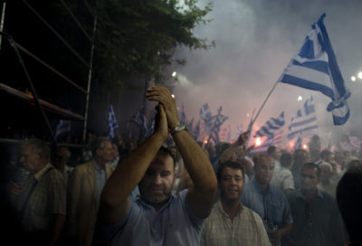 People in Antonis Samaras, leader of Nea Dimocratia last election rally, in Syntagma square, on Friday 15th of June 2012, The 62-year-old’s New Democracy party achieved the highest percentage of votes in Sundays election, beating the radical left Syriza party into second place.