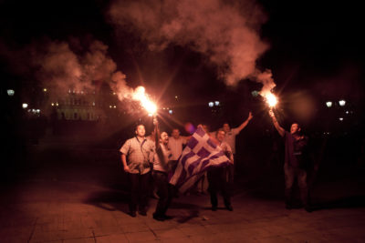 Partisans of Nea Dimocratia celebrate in Syntagma square, on 17th of June 2012. The 62-year-old’s New Democracy party achieved the highest percentage of votes in Sundays election, beating the radical left Syriza party into second place.